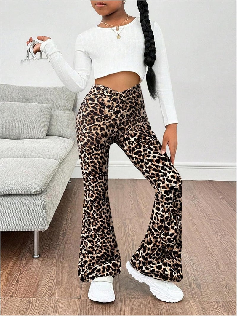 OYOANGLE Girl's Leopard Flared Leggings Crossover Skinny Bell Bottoms Cheetah Print Yoga Dance Pants - Image 3